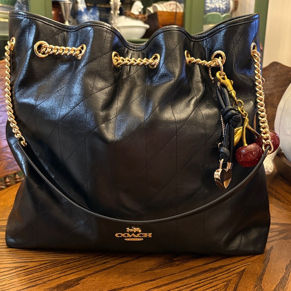 Coach Evelyn Black Leather Quilted Shoulder Bag with Gold Chain
